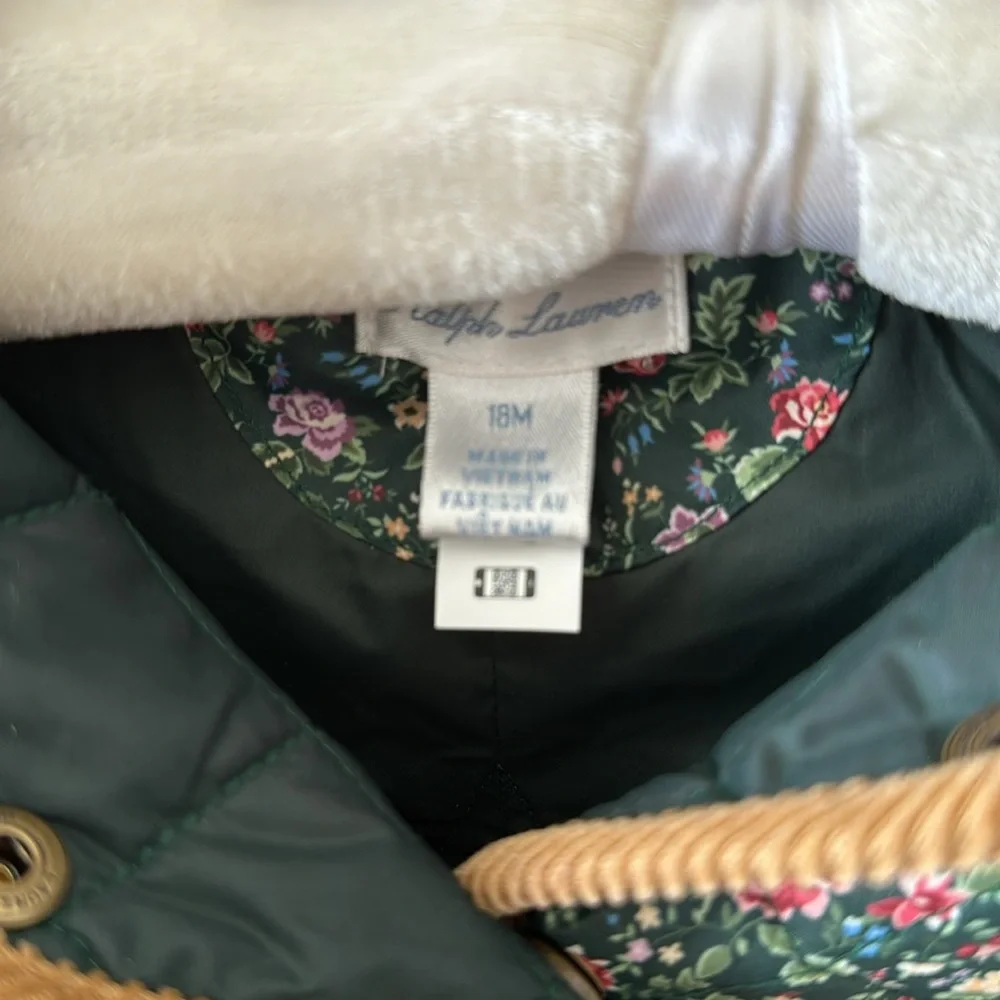 Ralph Lauren Green Floral Quilted Hooded Jacket with Tan Trim